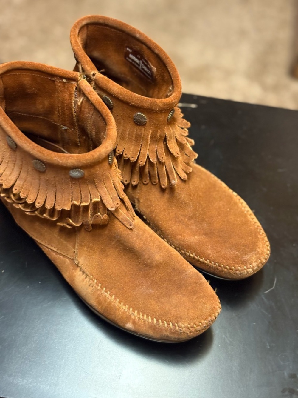 Minnetonka Suede Fringe Ankle Boots - Chestnut Brown